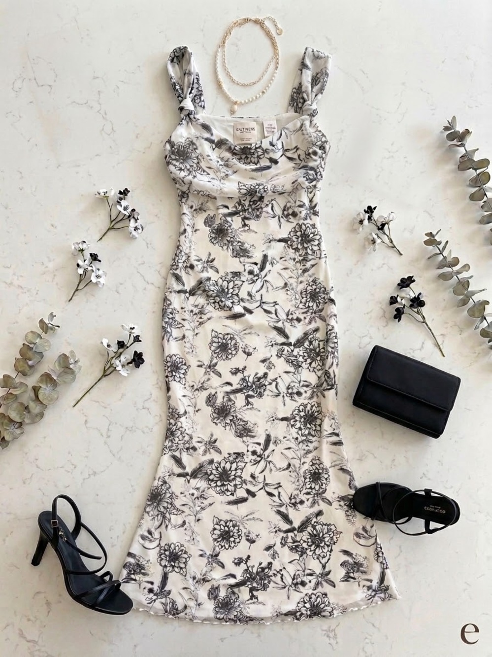 SHEIN Black & White Floral Satin Maxi Dress